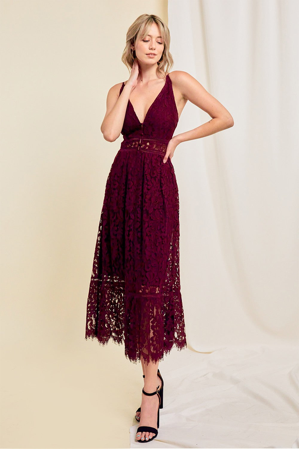 Wine Lace-Overlay Ruffle Midi Dress Bottoms Up Boutique Wine Lace-Overlay Ruffle Midi Dress Bottoms Up Boutique
