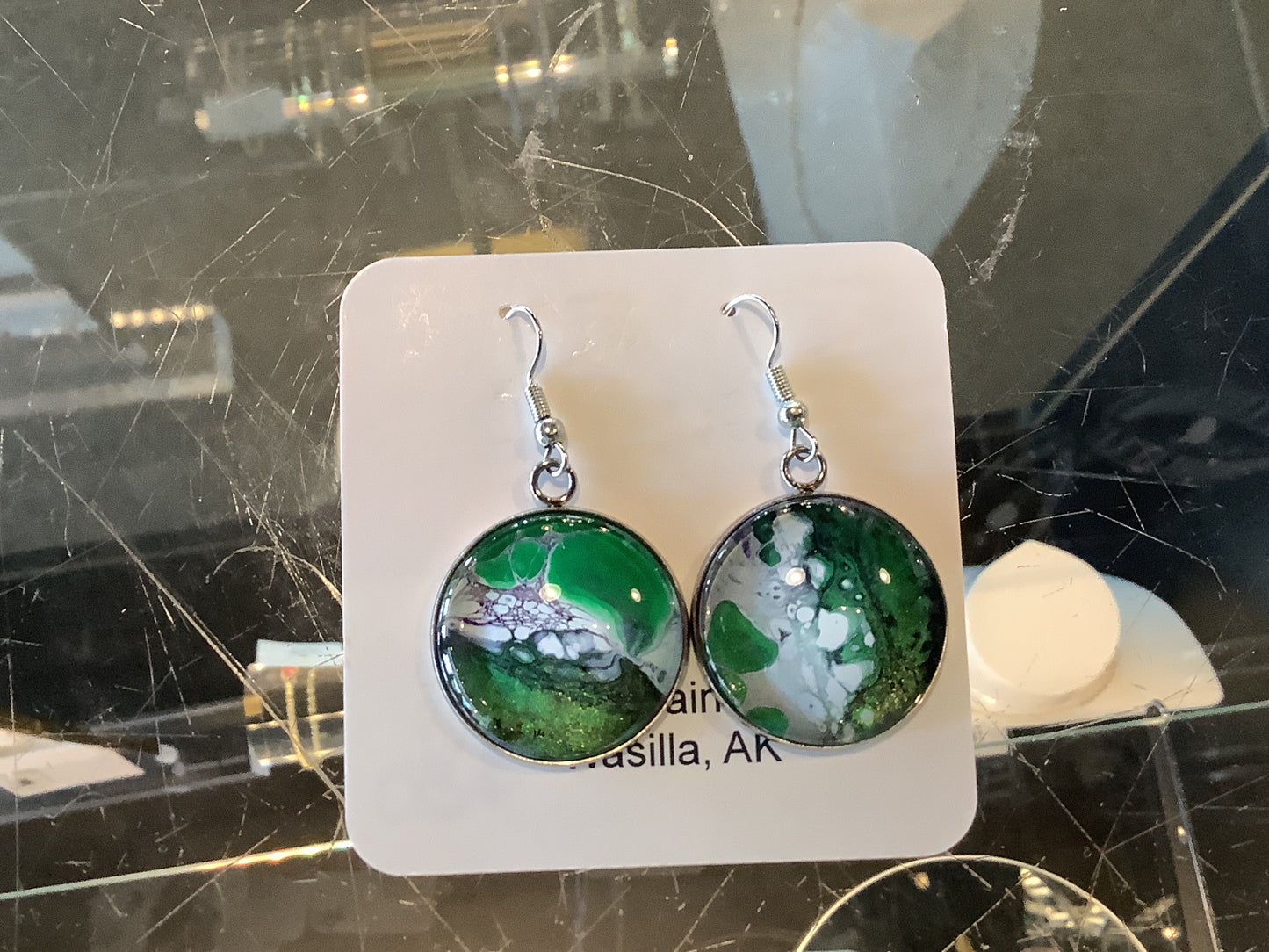 Green and White Circle Earrings