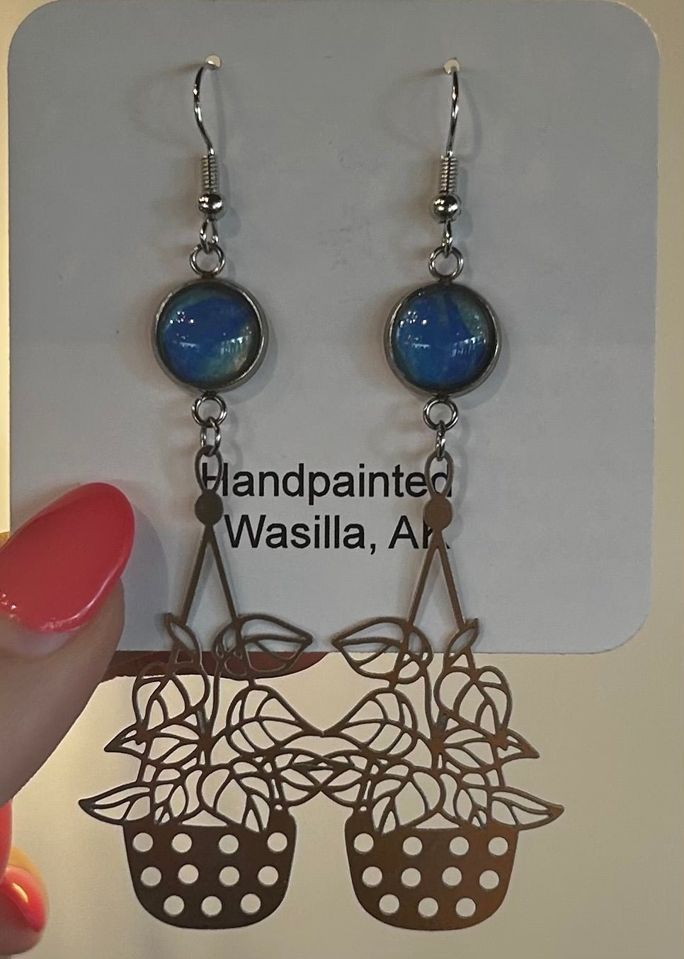 Hand-Painted Silver Plant Earrings