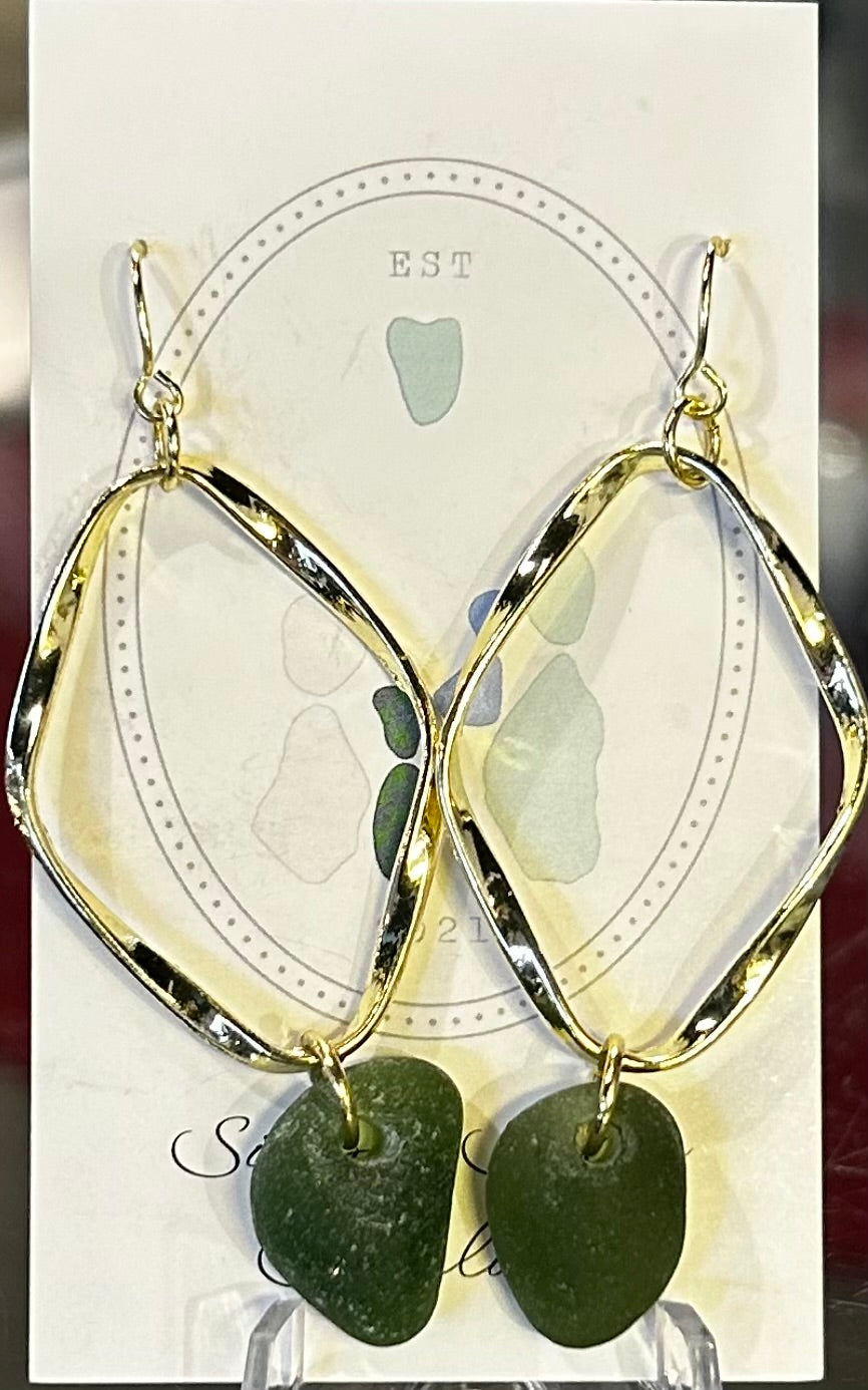 Large Gold Twirlies w/ Olive Green Seaglass