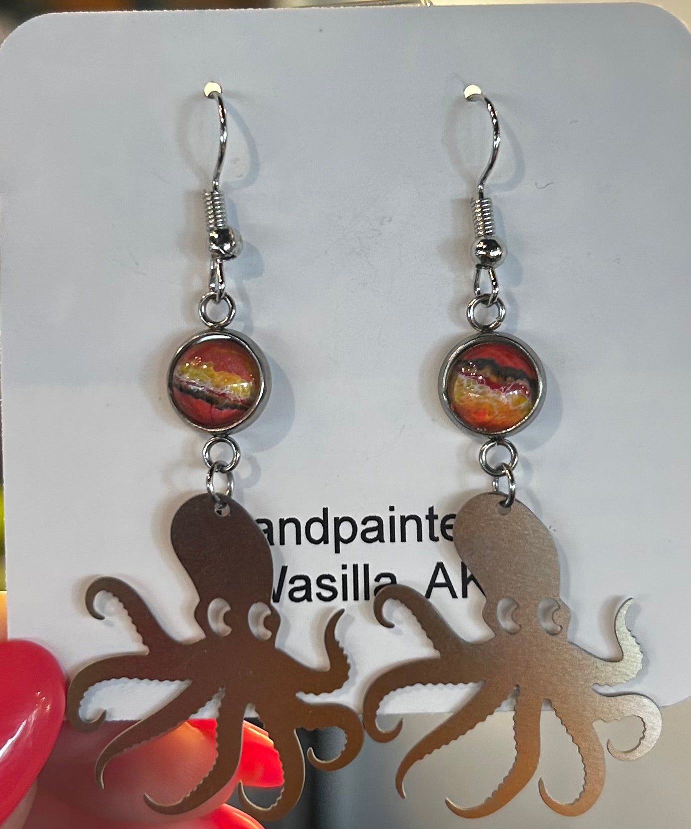 Hand-Painted Silver Octopus Earrings
