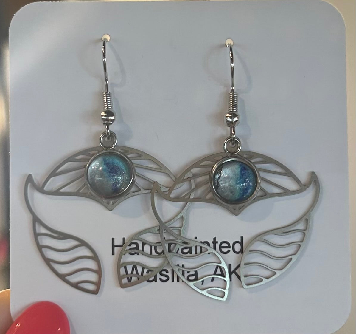 Hand-Painted Silver Whale Tail Drop Earrings