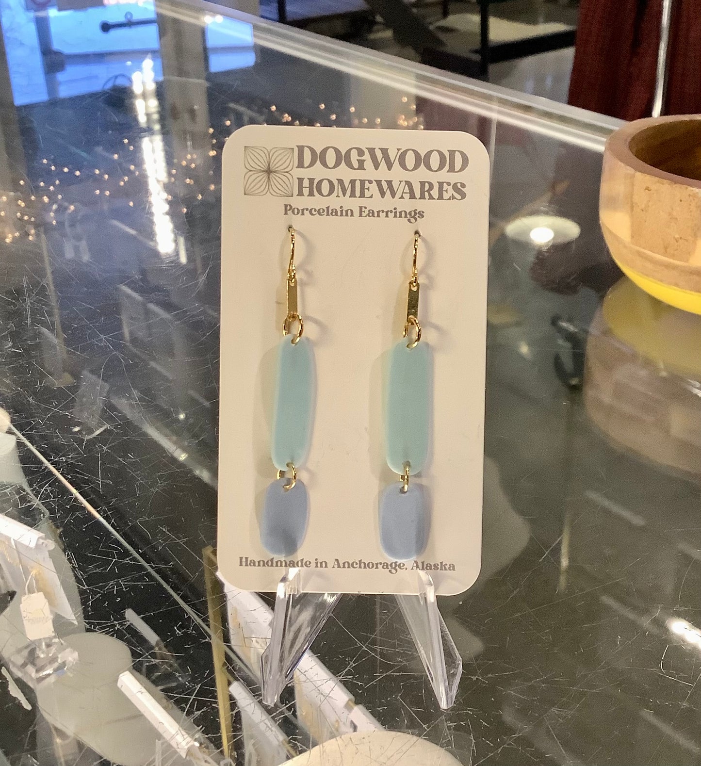 Gold w/ Blue Dangle Porcelain Earrings