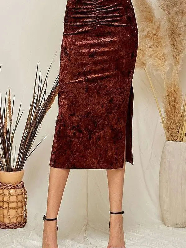 Brown Ruched Velvet Midi Skirt