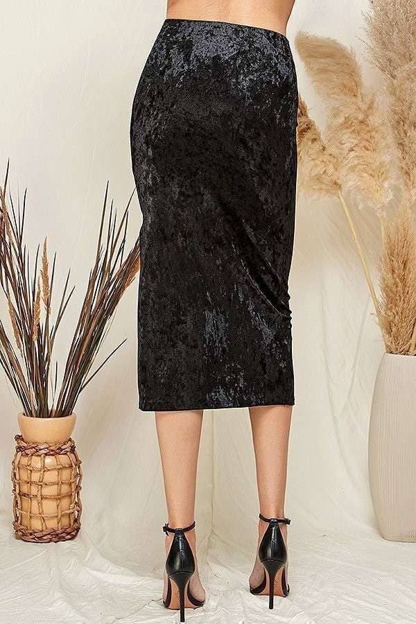 Black Ruched Velvet Midi Skirt