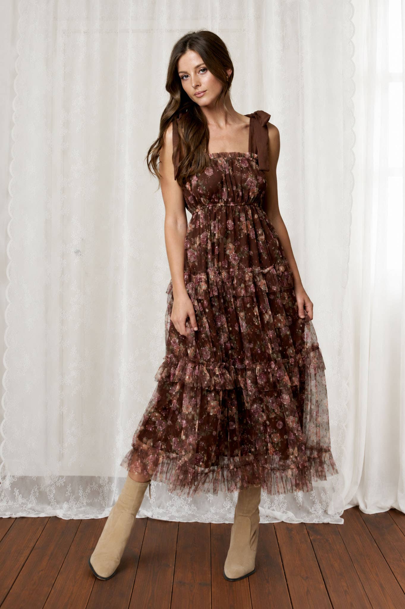 Floral Chiffon Tie Strap Midi Dress