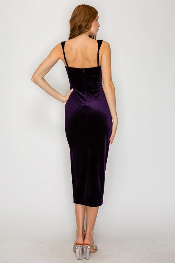 Purple Velvet Ruched Midi Dress