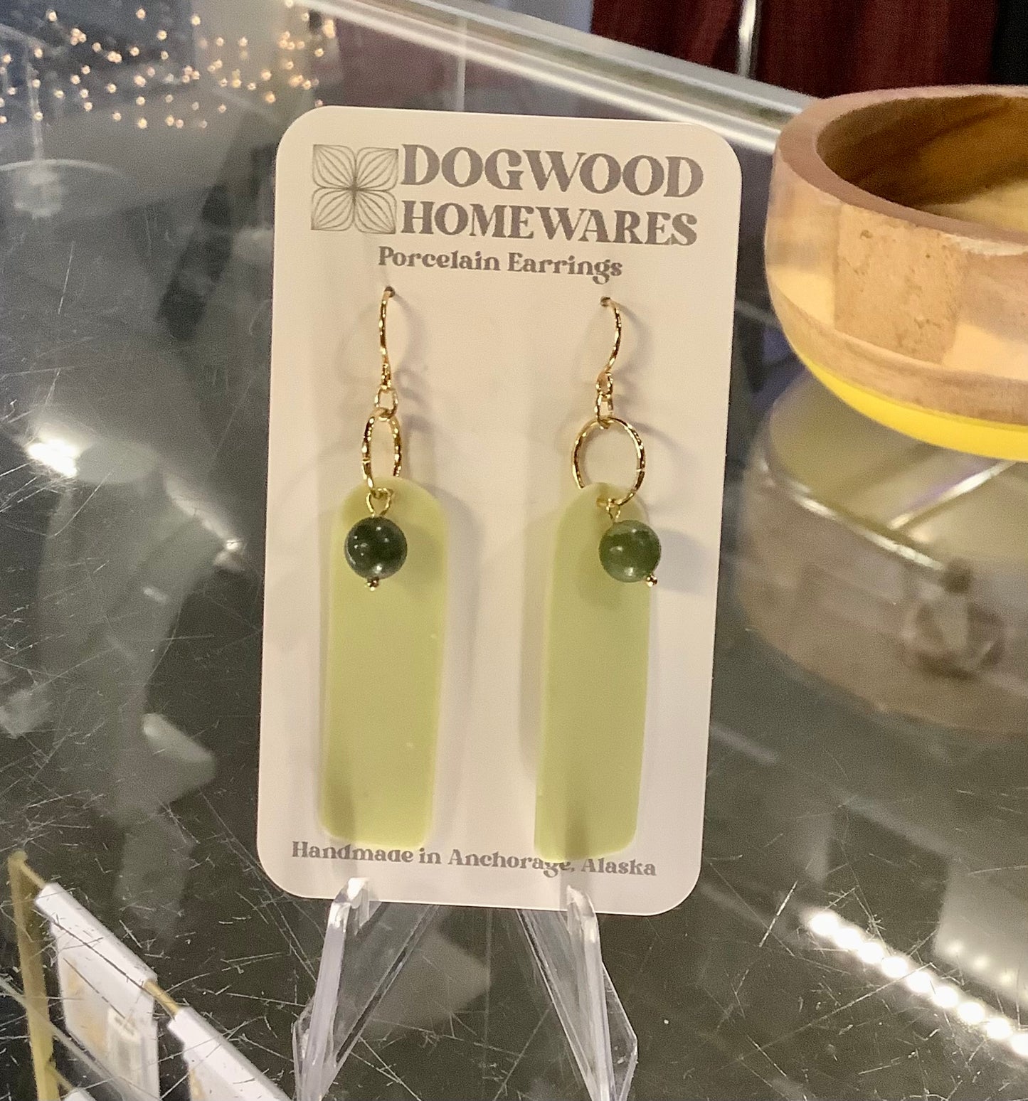 Gold w/ Green Rectangle Porcelain Earrings