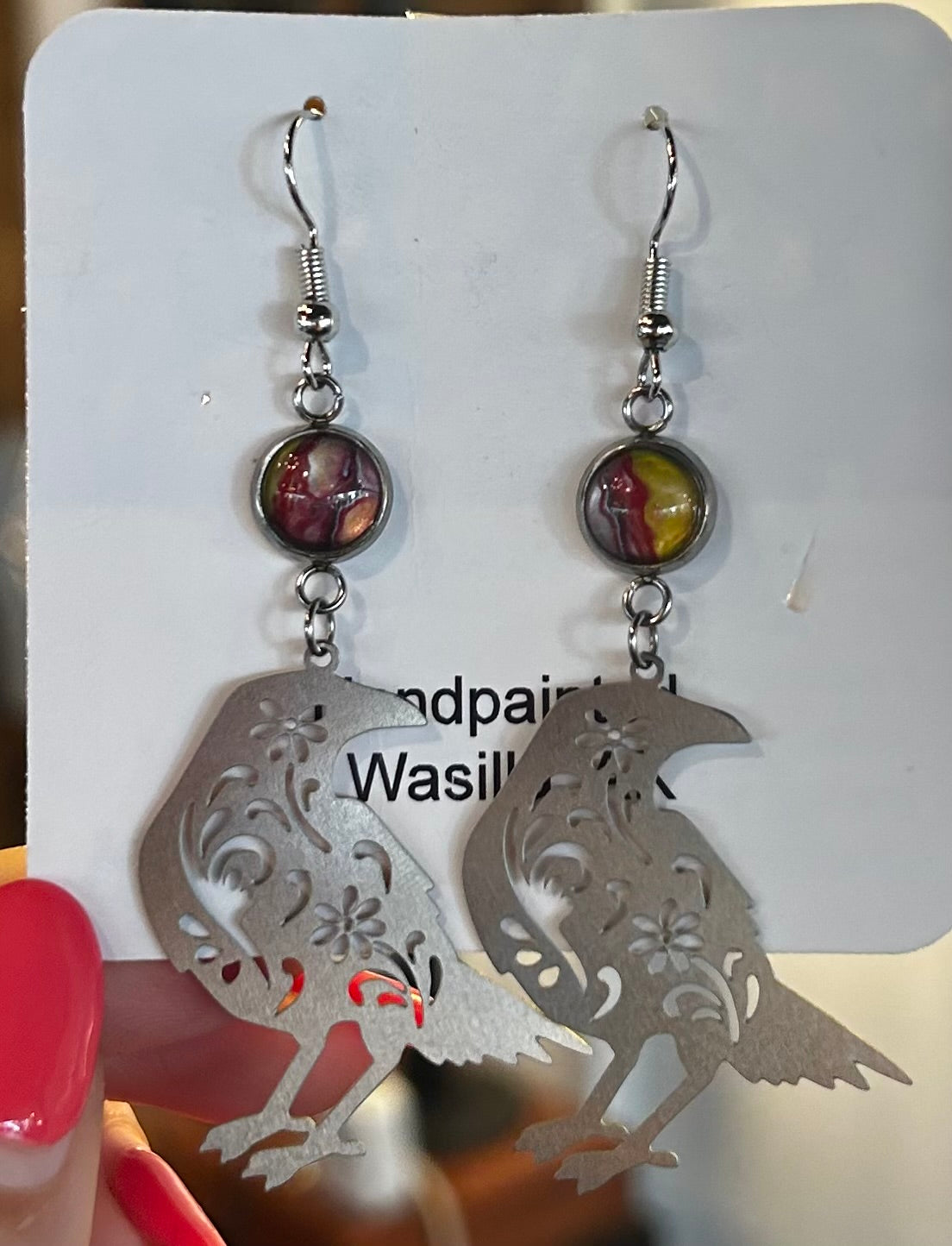 Hand-Painted Silver Bird Earrings