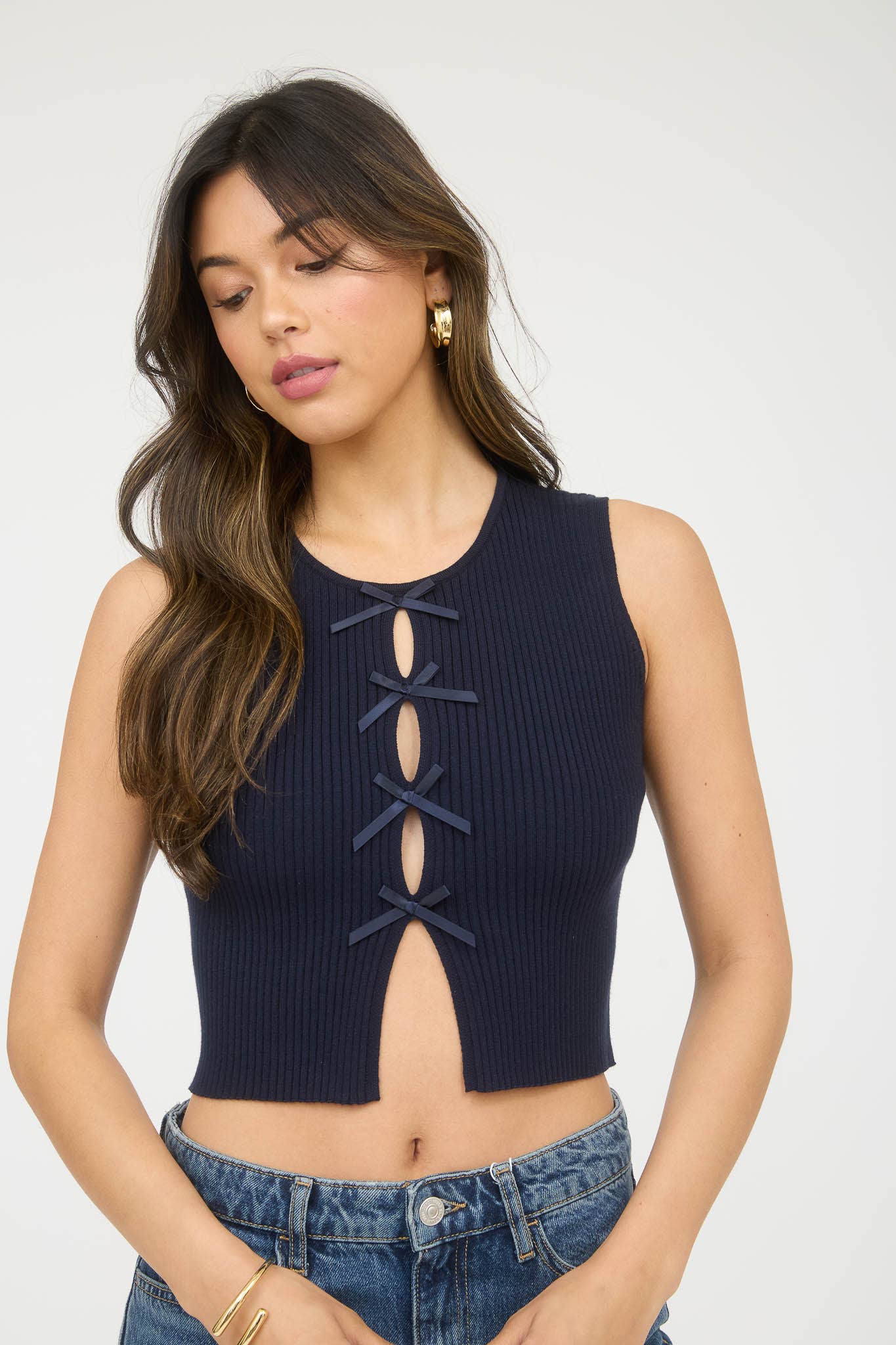 Cutout Bow Detail Ribbed Top