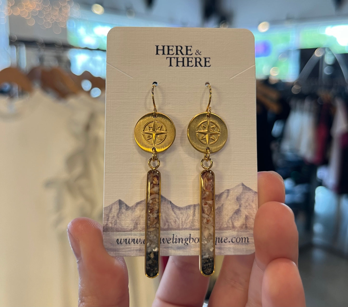 Destination Compass Vertical Bar Gold Plated Earrings-Kenai Beach Sand W/ MOP and Shell-Bottoms Up Boutique-Anchorage AK