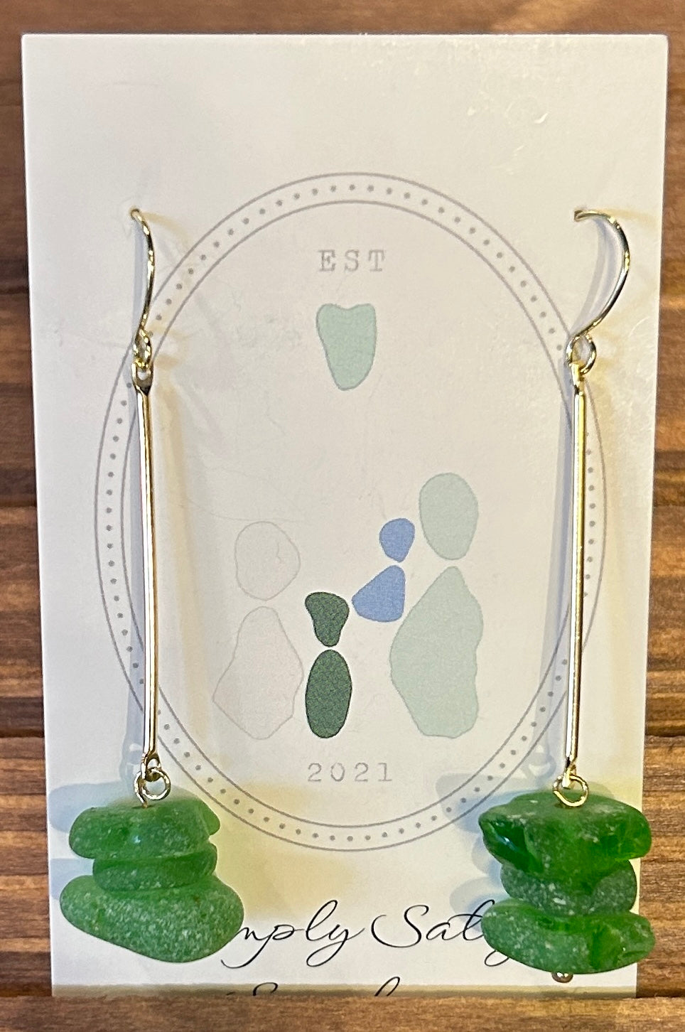 Gold Bar Drop Earrings w/ Green Seaglass