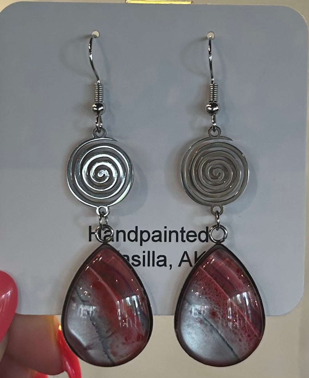 Hand-Painted Silver Spiral Tear Drop Earrings