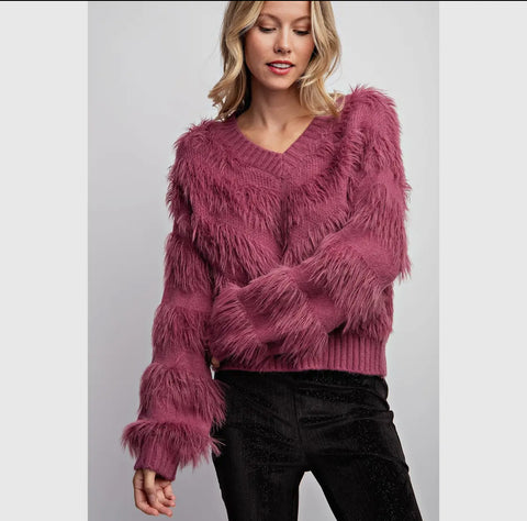 Fuzzy Pink V Neck Sweater