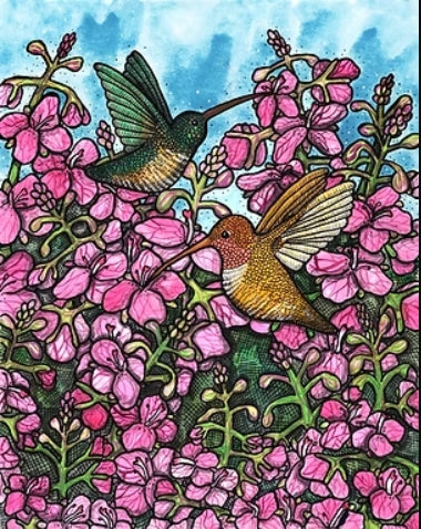 Fireweed and Humming Birds Tapestry Print