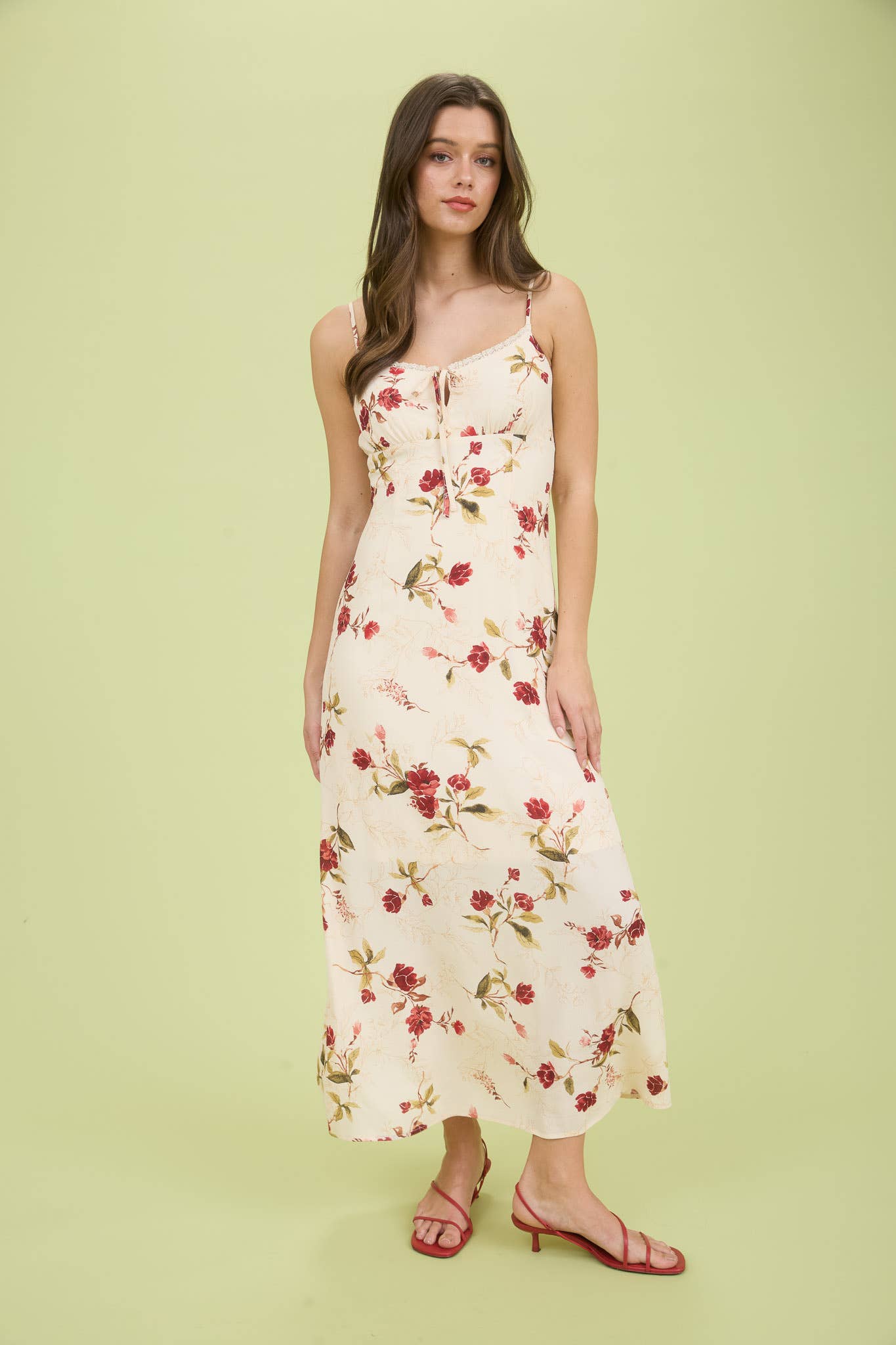 Floral Lace Trim Front Tie Midi Dress