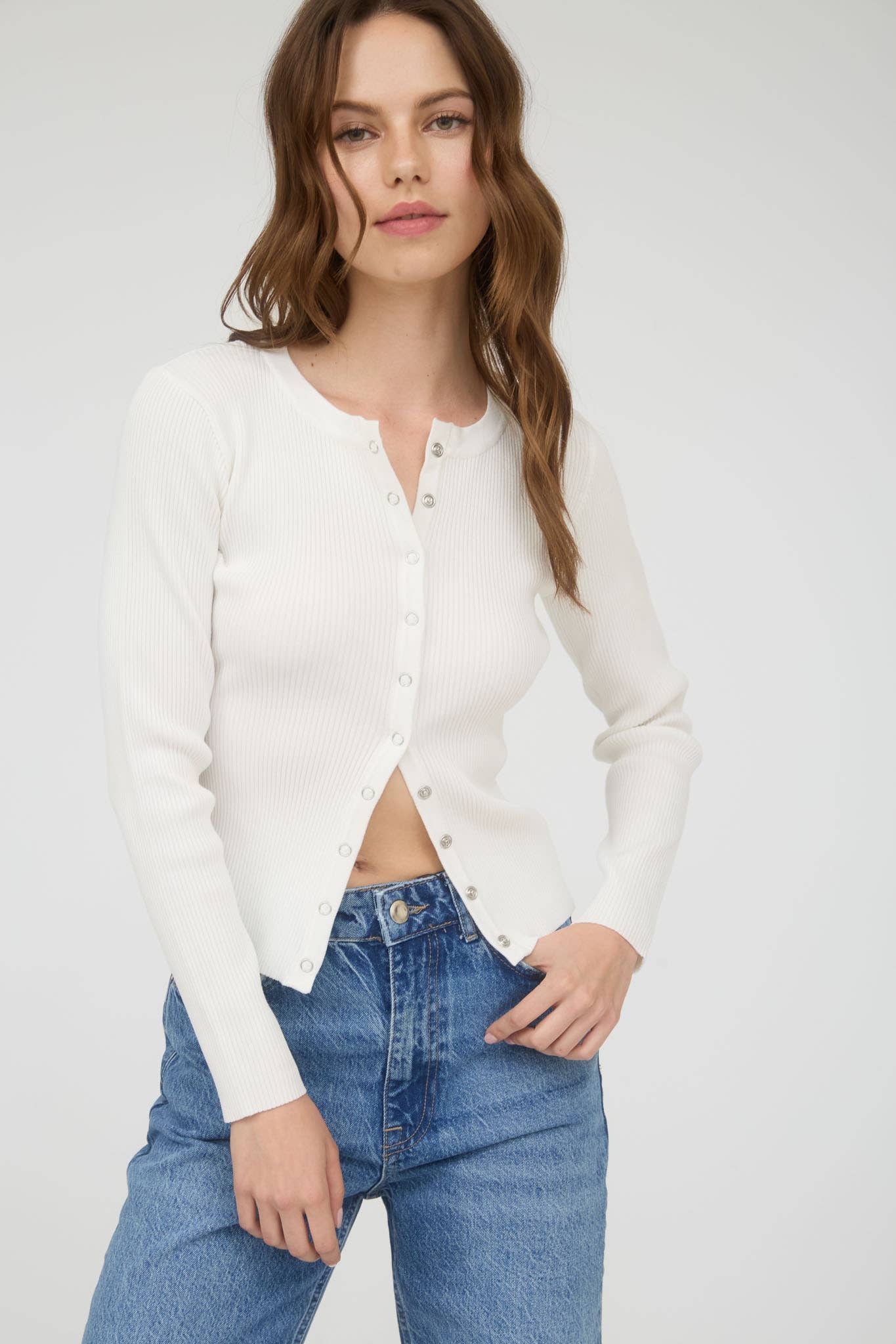 Snap Button Down Round Neck Knit Cardigan