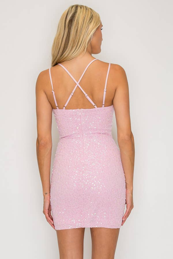 Pink Beaded V- Neck Mini Dress
