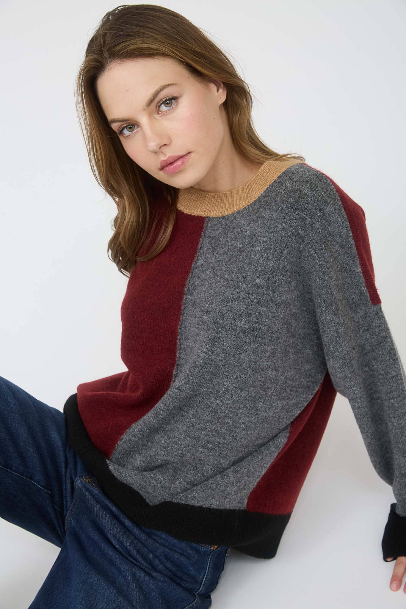 Red Wood Color Block Sweater