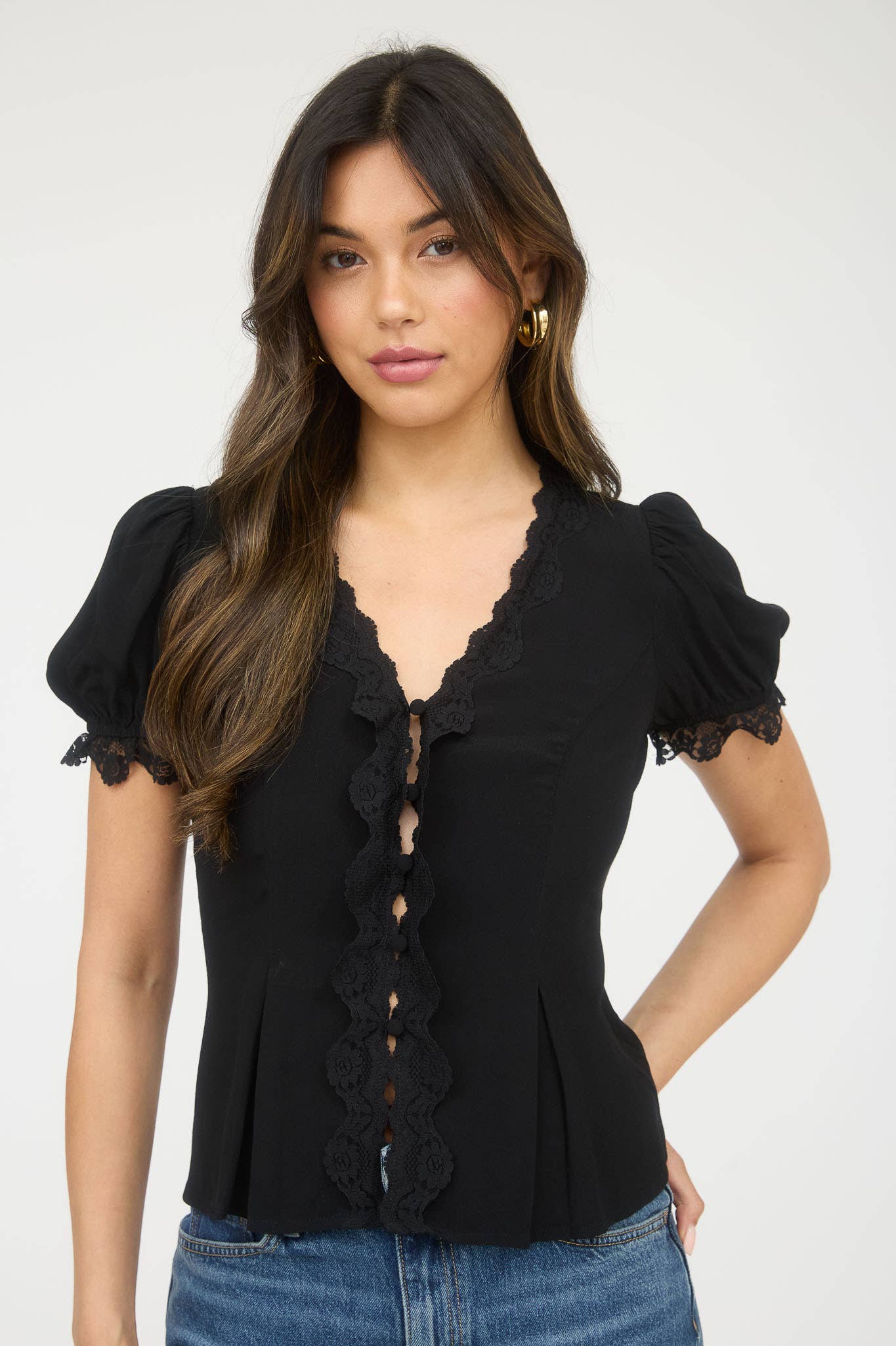 Black Lace Trim Puff Sleeve Button Down Blouse – Bottoms Up Boutique