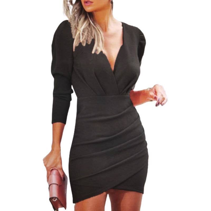 Halo and Hutch - Women's Dress Sexy V Neck Pleated Long Sleeve Bodycon –  Bottoms Up Boutique