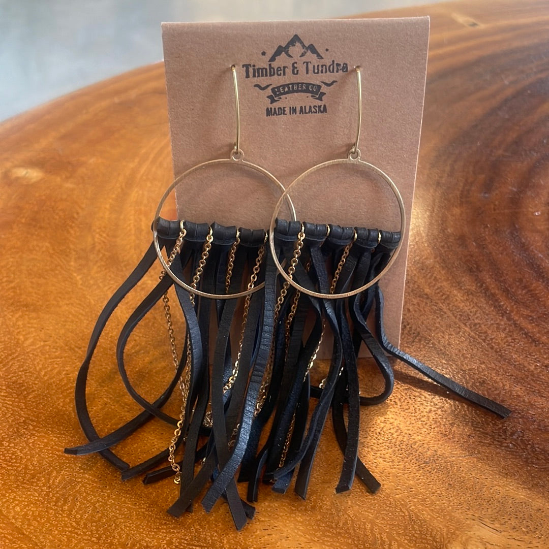 Fringe Leather Earrings W/ Chain-Jewelry-Black-Bottoms Up Boutique-Anchorage AK
