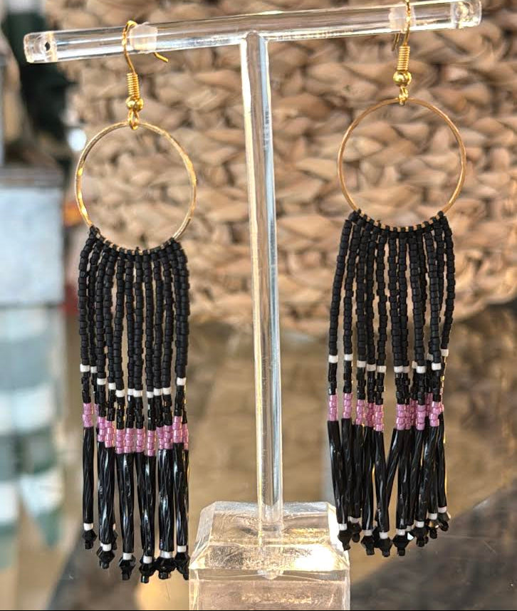 Black, White, & Soft Pink Fringe Hoops