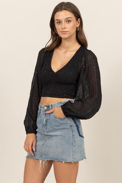 Sequin Smocked V Neck Crop