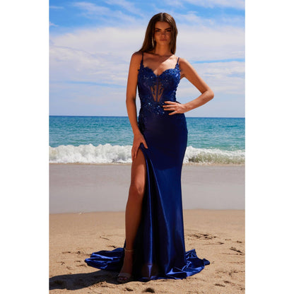 Beaded Satin Lace-Up Gown