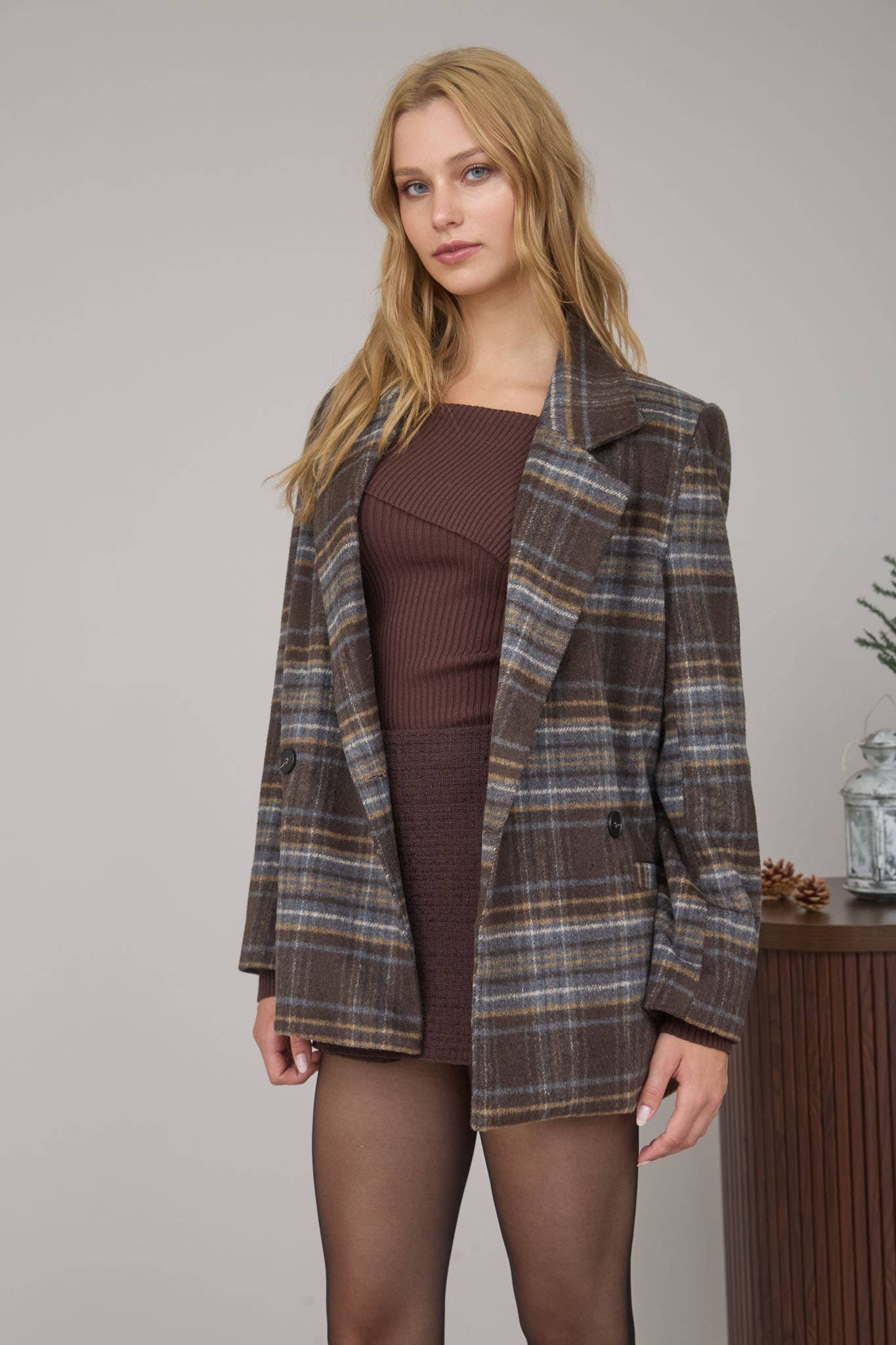 Plaid Notch Collar Blazer