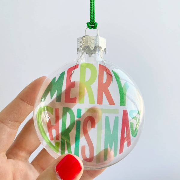 Merry Christmas Block Letters Glass Ornament