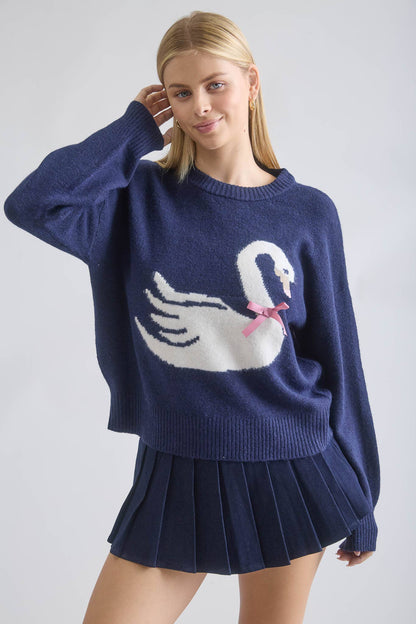 Swan Motif Pullover Sweater
