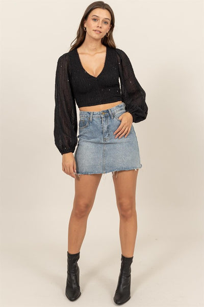 Sequin Smocked V Neck Crop