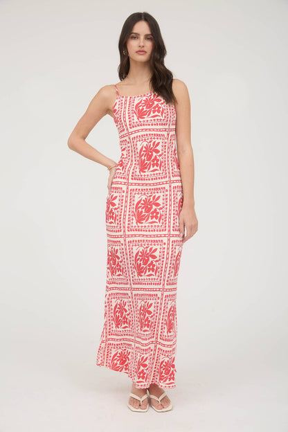 Floral Tile Print Spaghetti Strap Midi Dress