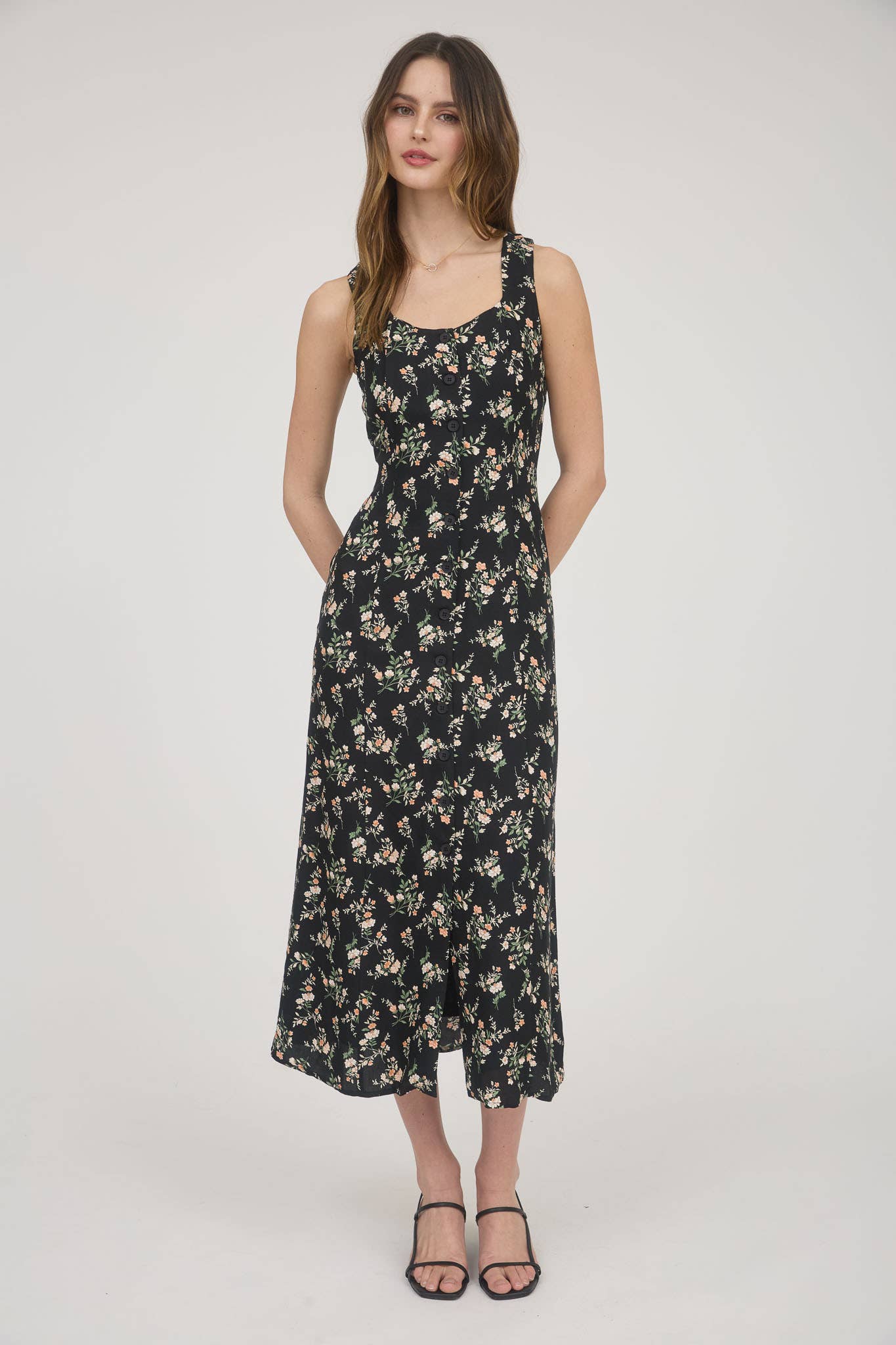 Floral Sleeveless Button Down Midi Dress