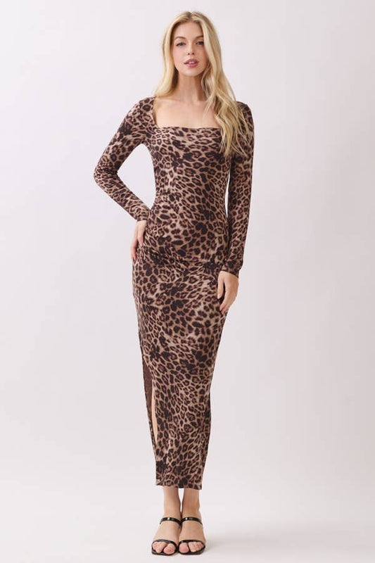 Square Neck Leopard Maxi Dress