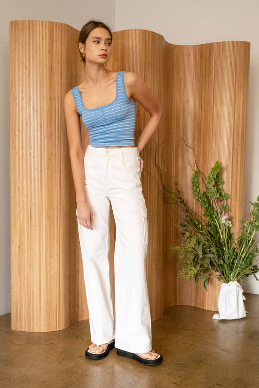 Striped Scoop Henley Rib Knit Tank - Blue-Tops-Bottoms Up Boutique-Anchorage AK