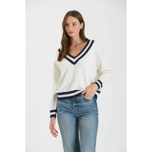 Contrast Line V Neck Long Sleeve Knit Sweater