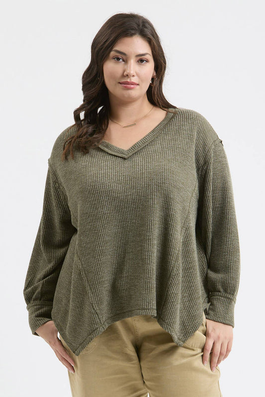 V Neck Knit Top - Plus-Sweaters-Blu Pepper-XL-Plus-Bottoms Up Boutique
