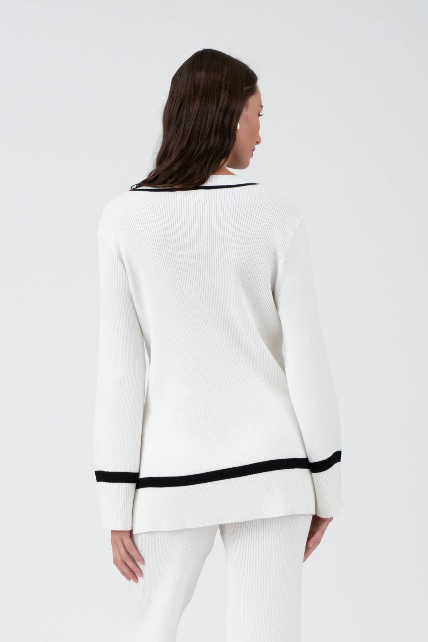 White Contrast V Neck Sweater