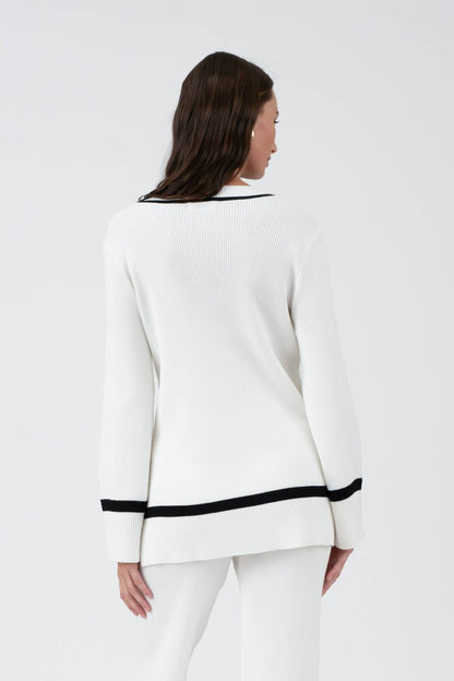 White Contrast V Neck Sweater