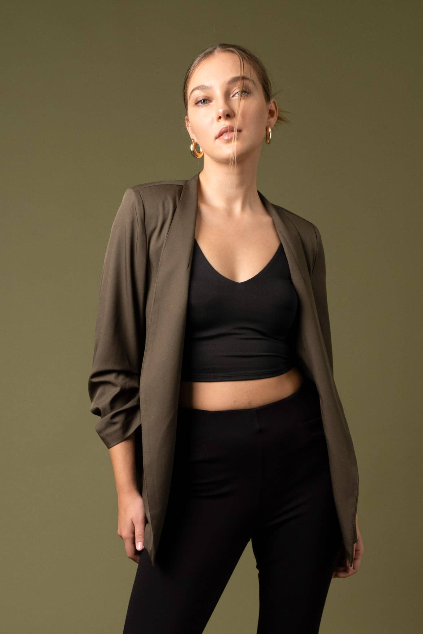 Collarless Ruched Sleeve Longline Blazer