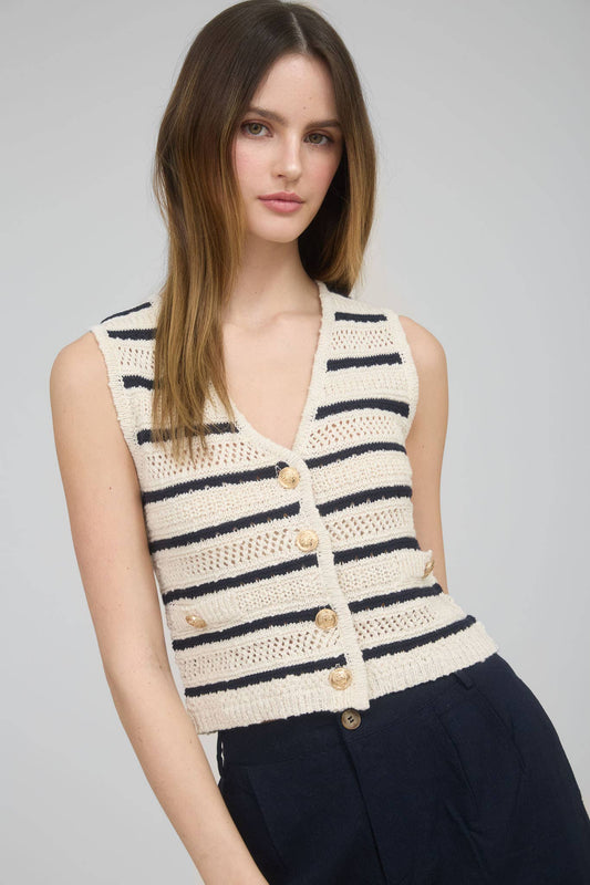 Striped Gold Button Cropped Crochet Knit Vest