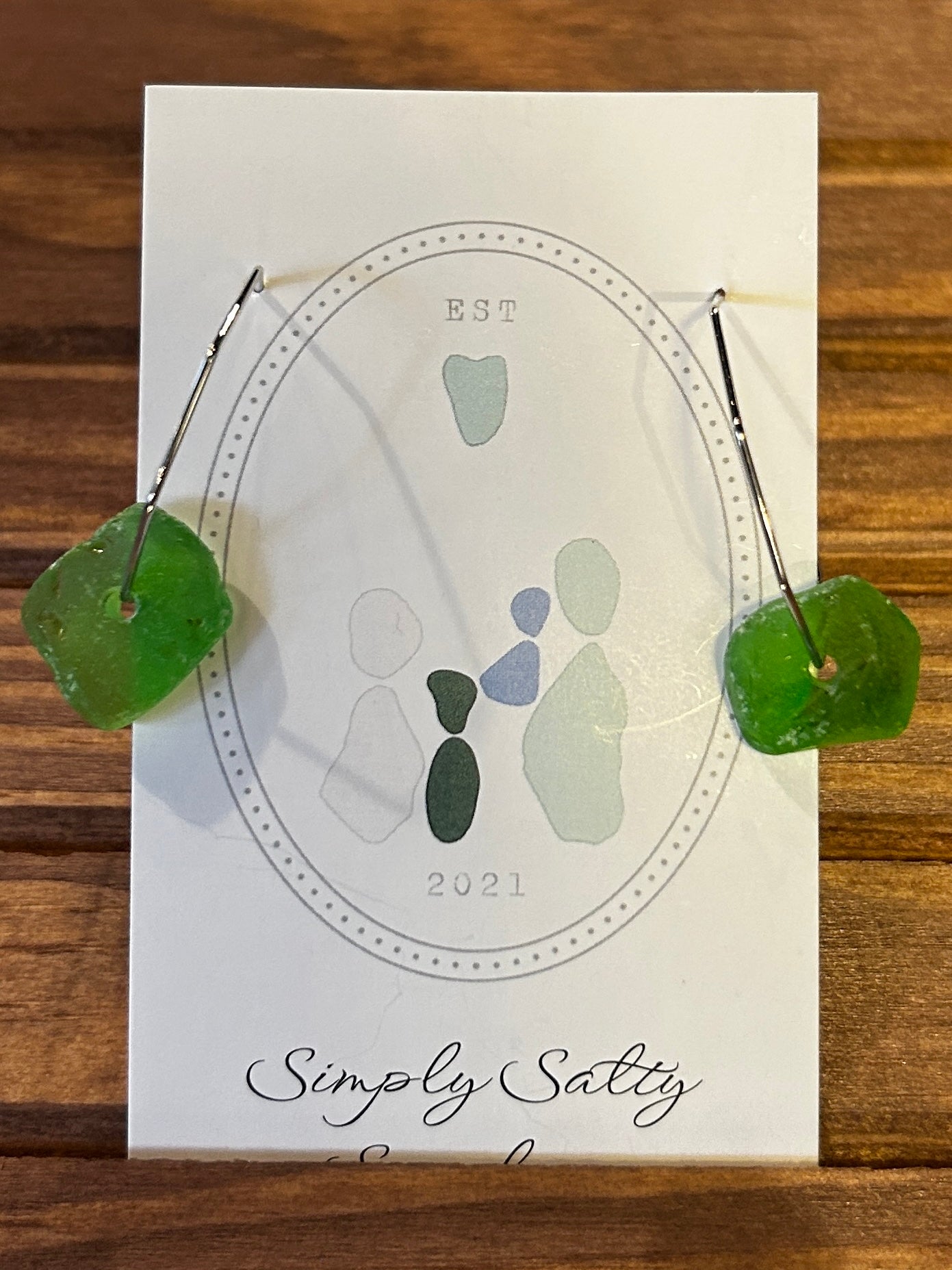 Silver Hexy Hoop Earrings w/ Green Seaglass