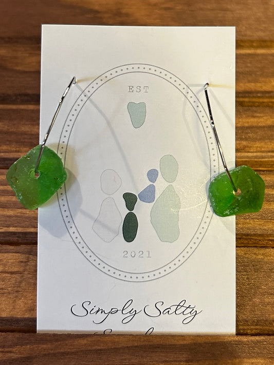 Silver Hexy Hoop Earrings w/ Green Seaglass