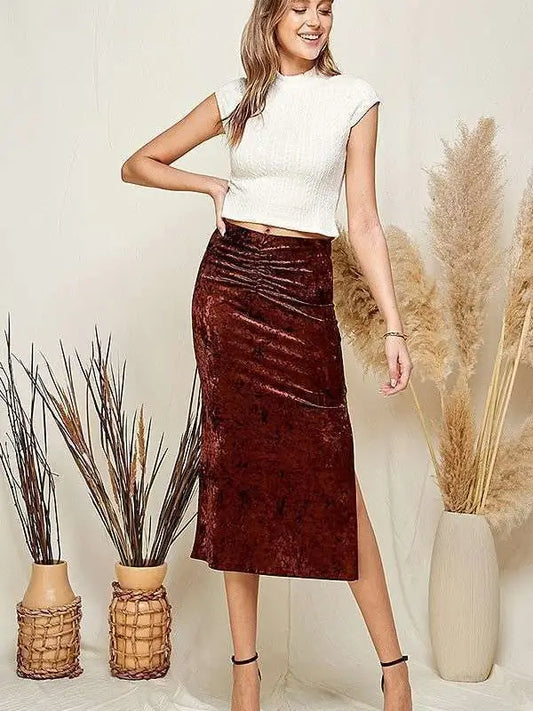 Brown Ruched Velvet Midi Skirt
