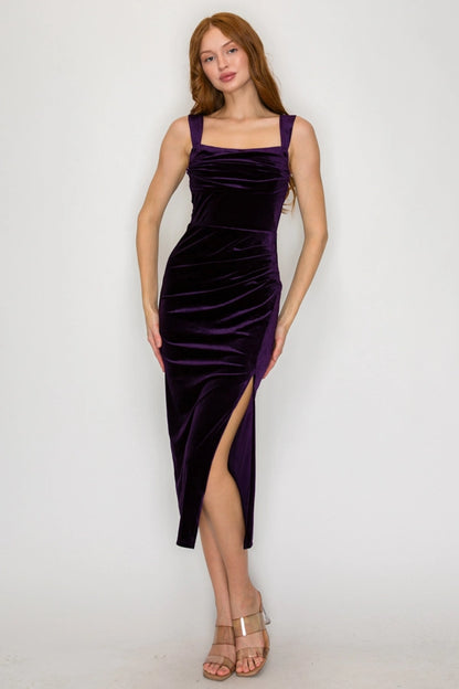 Purple Velvet Ruched Midi Dress