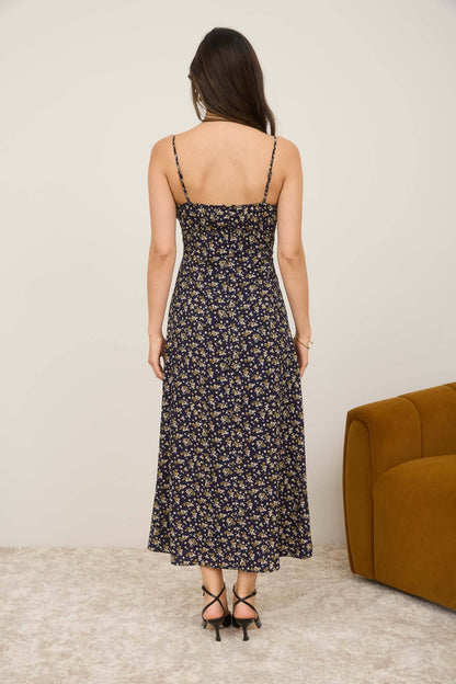 Floral Lace Trim Spaghetti Strap Midi Dress