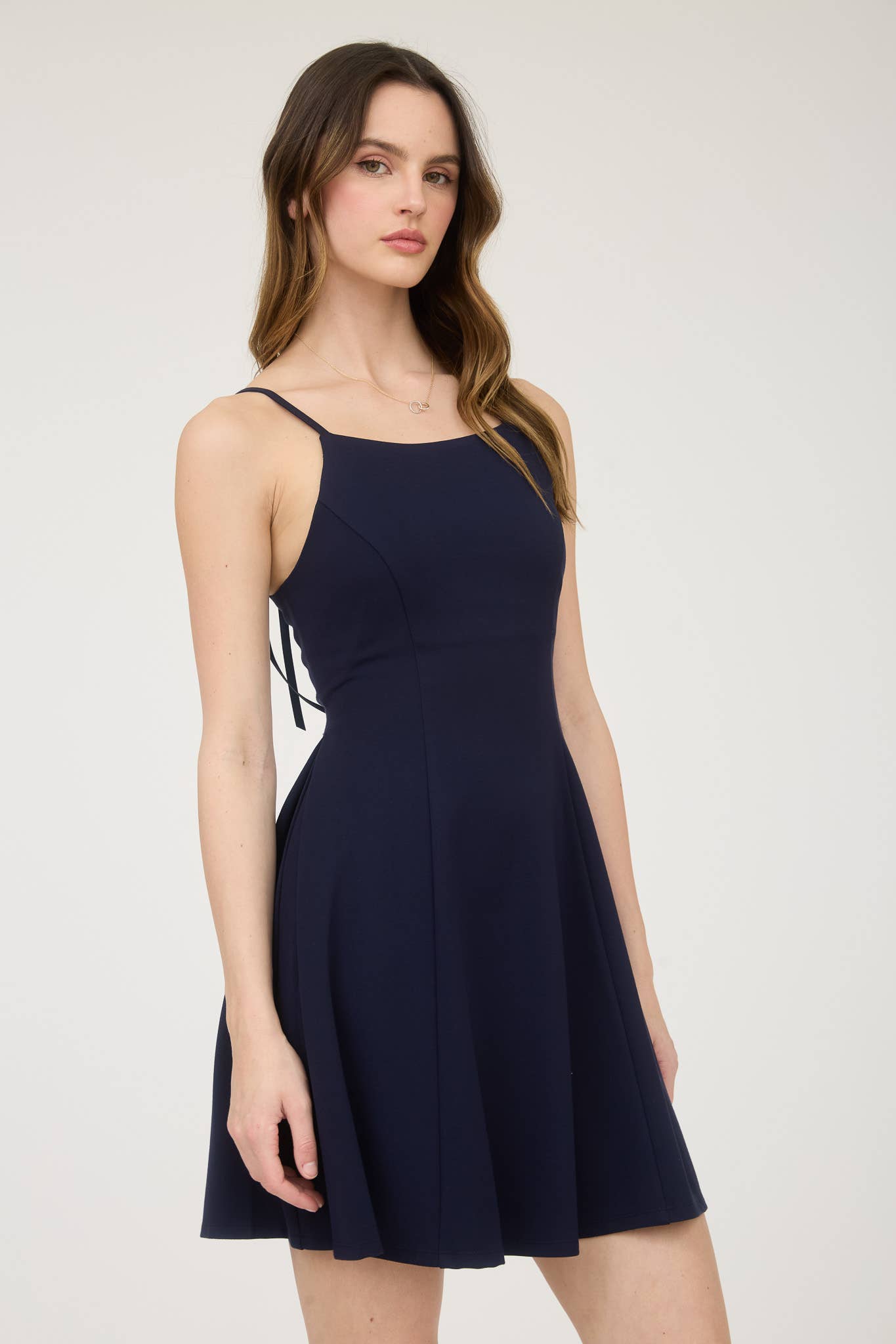 Spaghetti Strap Navy Dress w/ Bow Accents