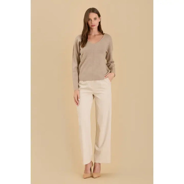 Solid V Neck Front Seam Sweater Mocha